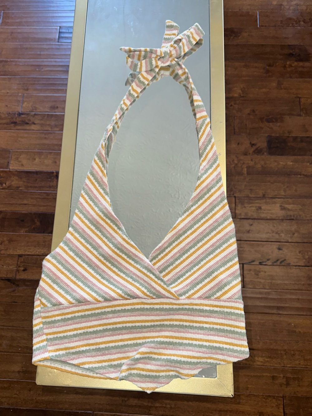Striped Knit Halter Top in Pastel Yellow, Pink & Green